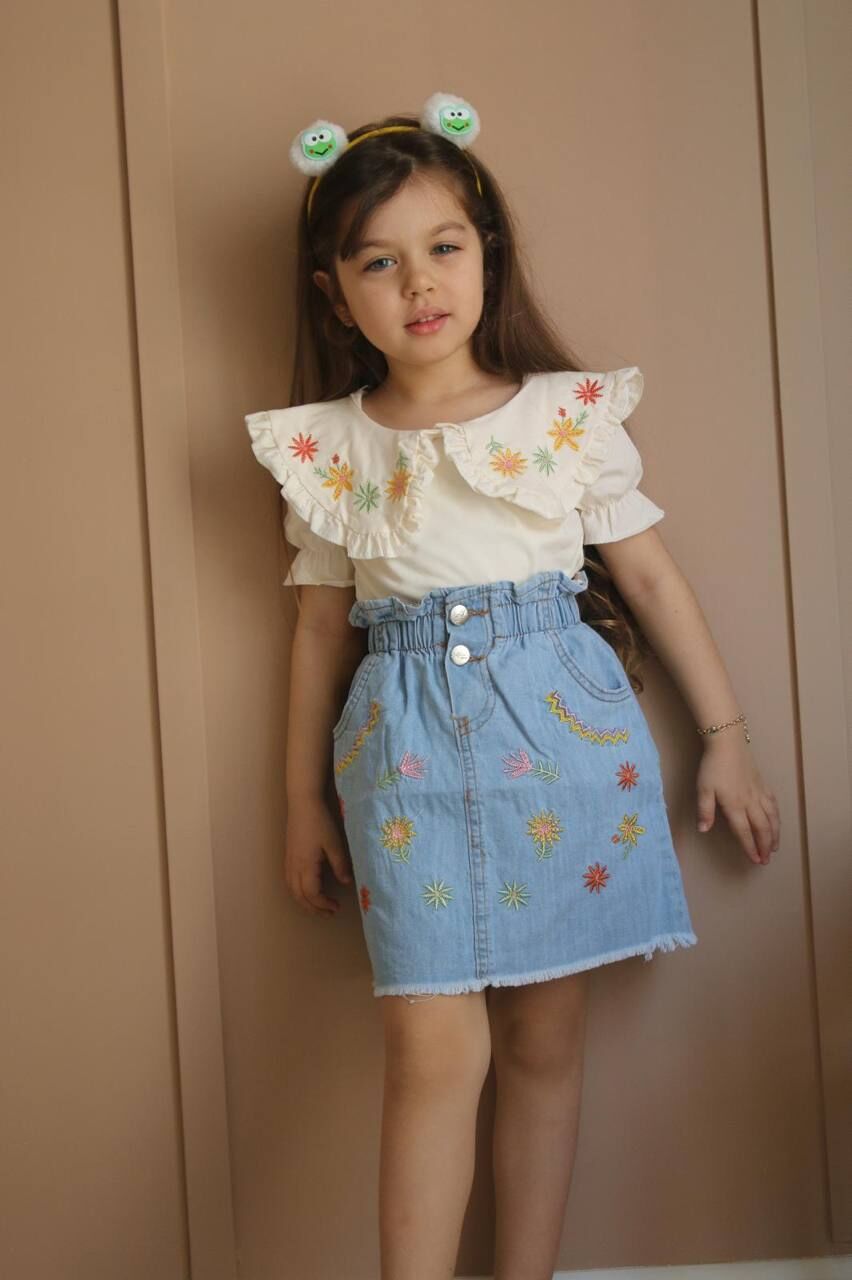 Nakış işlemeli denim etek takım