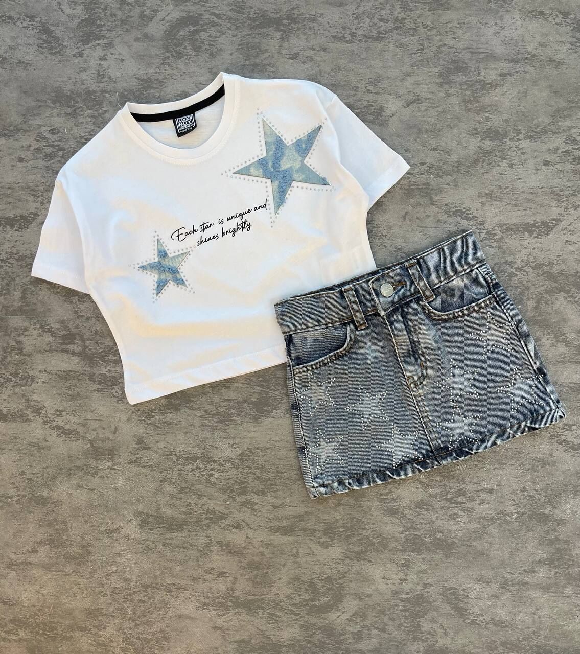 Yıldız taşlı denim etek takım