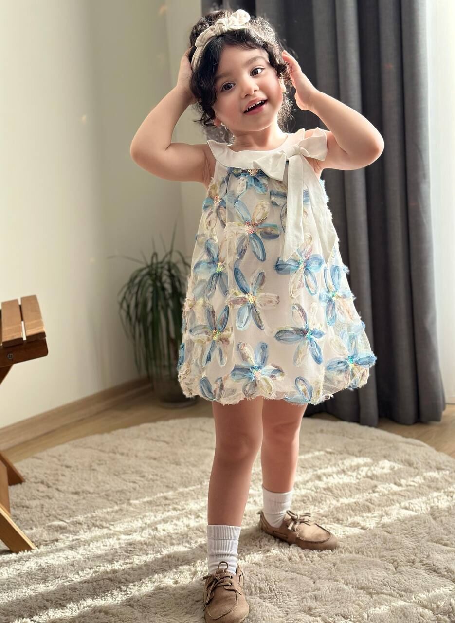 Zambak detaylı mavi balon elbise açıklamayı okuyalım