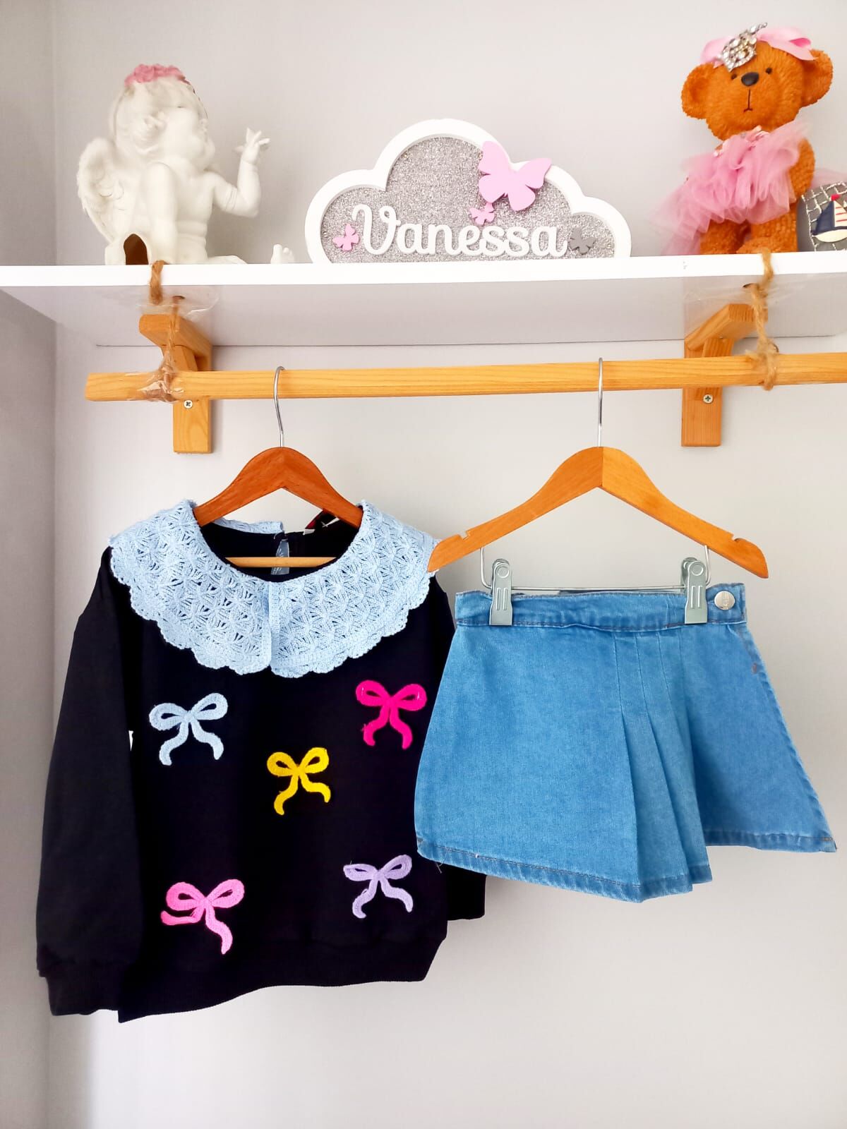 Fiyonk sweat & denim şort etekli takım