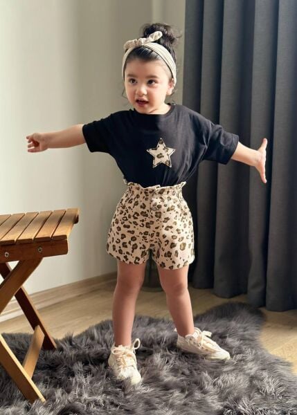 Leopar şort takım siyah