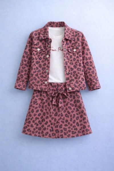 Leopar şort etekli üçlü set takım