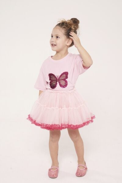 Kelebek payet işlemeli karnaval etek takım pembe