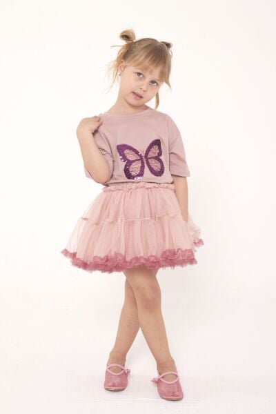 Kelebek payet işlemeli karnaval etek takım gül kurusu