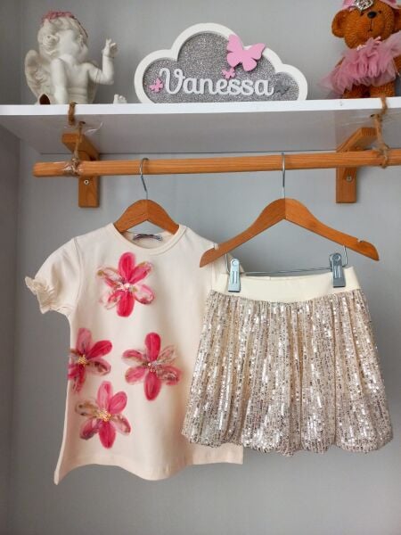 Zambak detaylı payetli balon etek takim