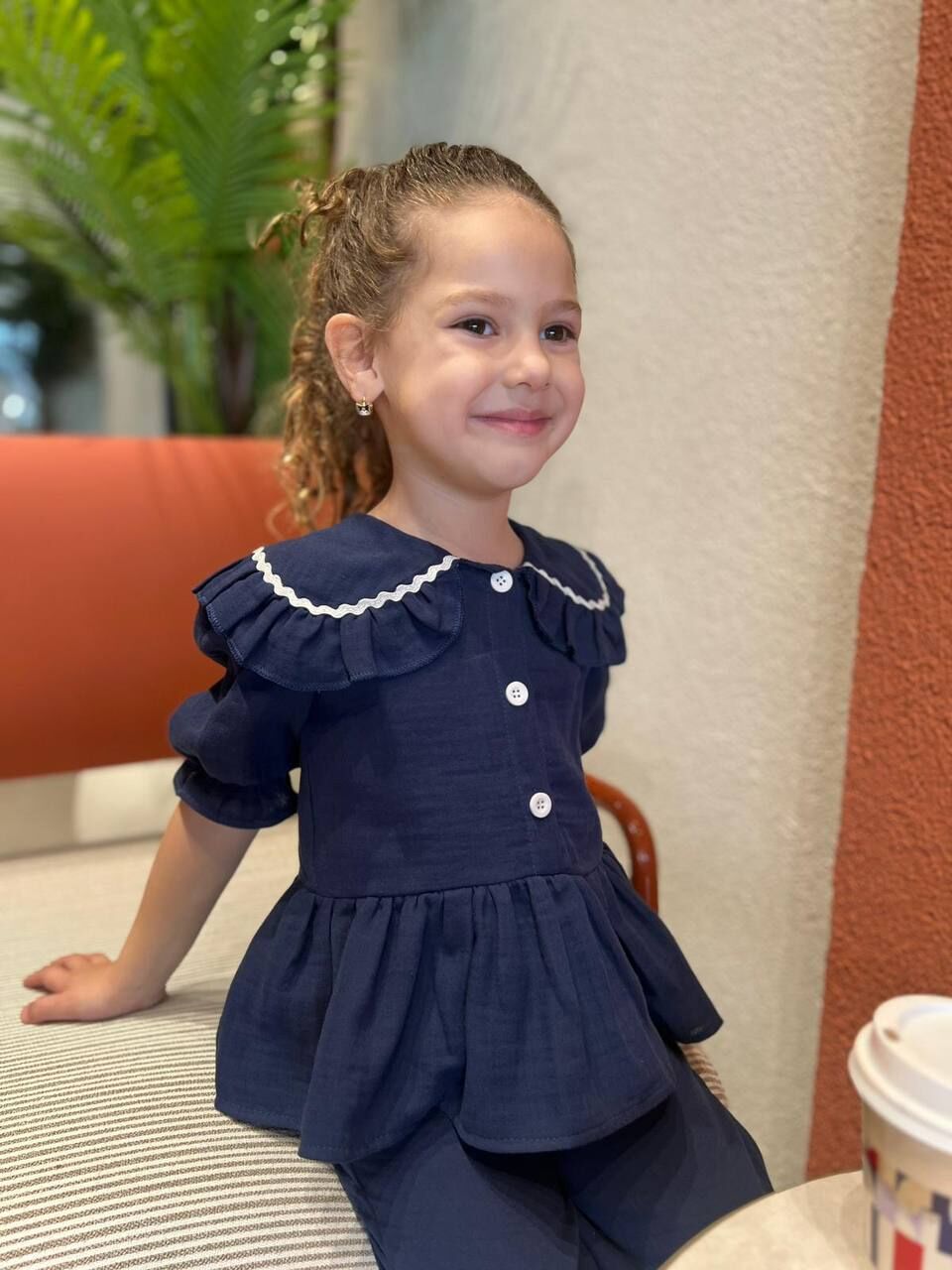 Yaka detaylı lacivert müslin takim