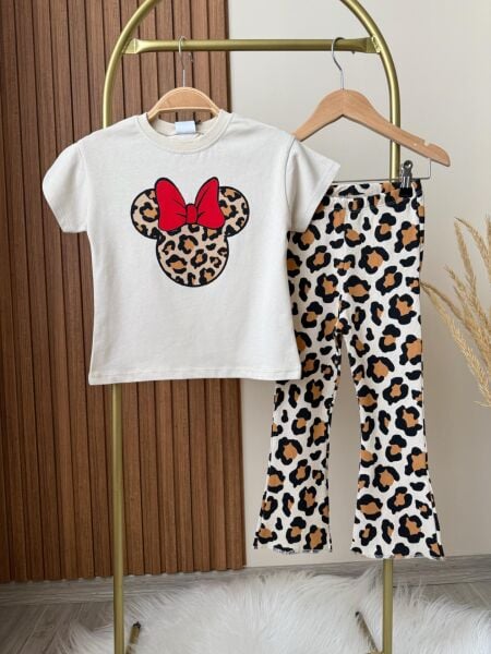 Minnie detaylı leopar taytlı takım