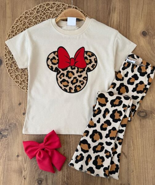 Minnie detaylı leopar taytlı takım