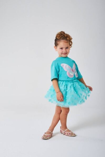 Kelebek aplikeli turkuaz takım