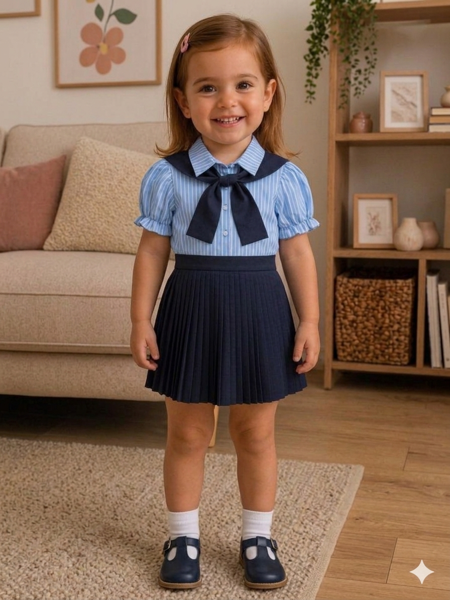 Fular detaylı mavi etekli takım