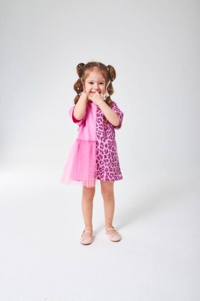 Leopar & tül detaylı elbise Pembe (açıklamayı okuyun lutfen)