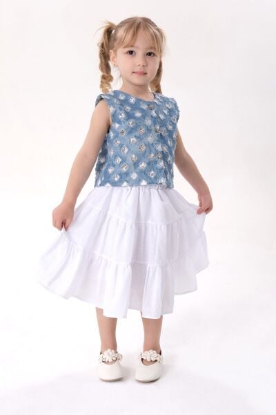 Mavi denim yelekli etekli takım