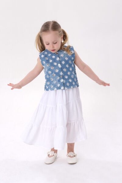 Mavi denim yelekli etekli takım