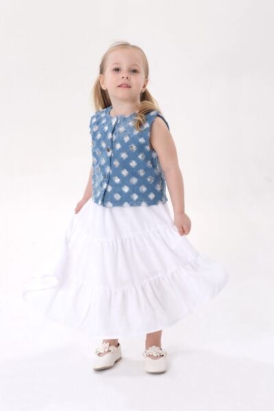 Mavi denim yelekli etekli takım