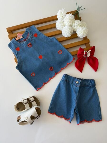 Kalpli denim şortlu takım