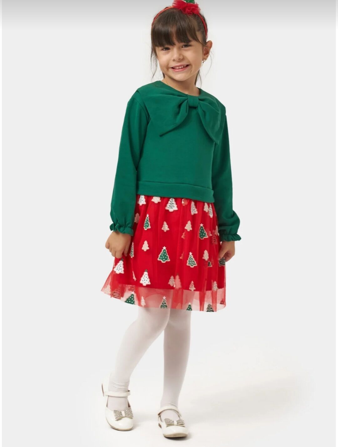 Yeni yıl fiyonk detaylı elbise (üst yeşil/alt kırmızı)