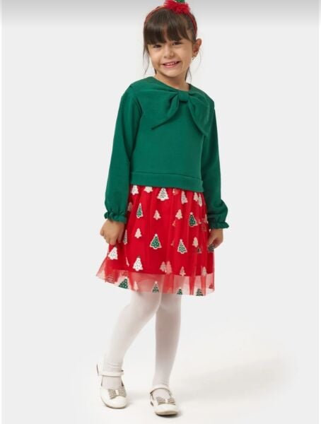 Yeni yıl fiyonk detaylı elbise (üst yeşil/alt kırmızı)
