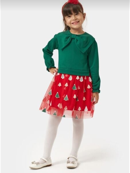 Yeni yıl fiyonk detaylı elbise (üst yeşil/alt kırmızı)