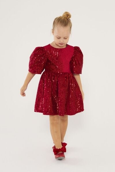 Yeni yıl payetli balon kol kırmızı elbise