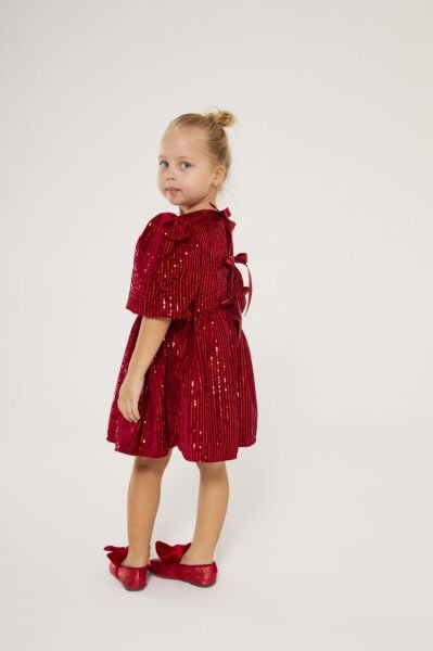 Yeni yıl payetli balon kol kırmızı elbise