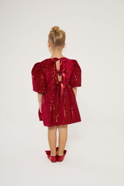 Yeni yıl payetli balon kol kırmızı elbise