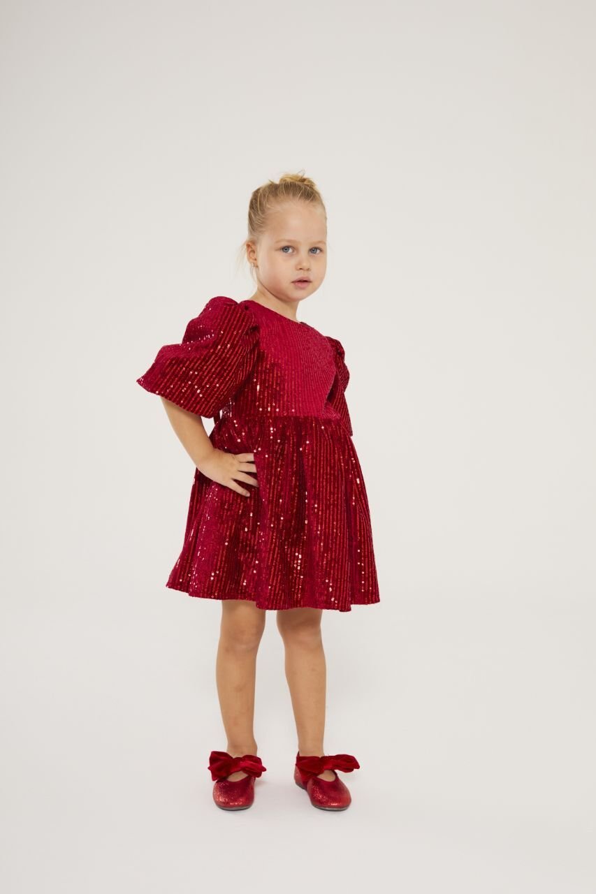 Yeni yıl payetli balon kol kırmızı elbise