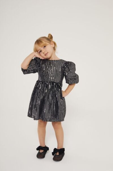 Yeni yıl payetli balon kol gümüş elbise