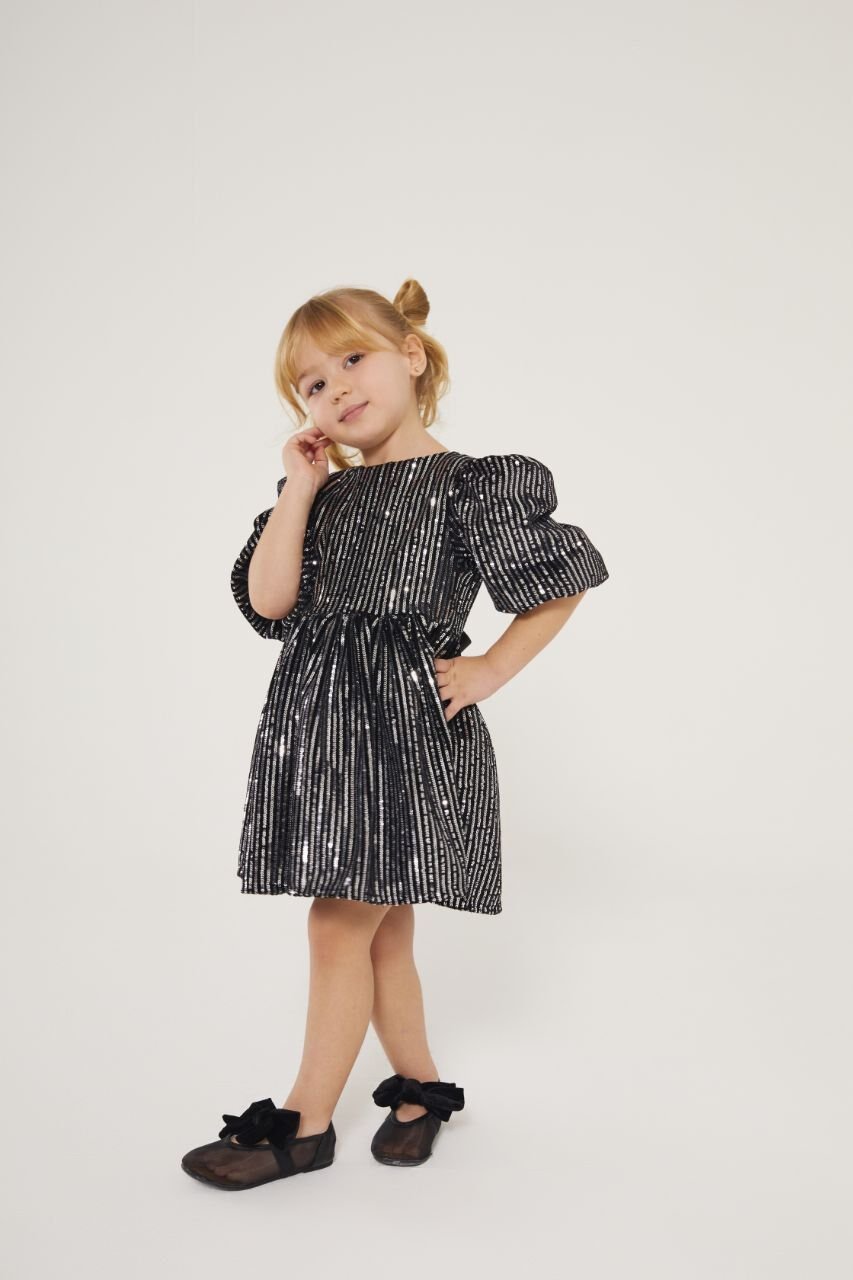 Yeni yıl payetli balon kol gümüş elbise