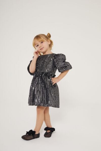 Yeni yıl payetli balon kol gümüş elbise