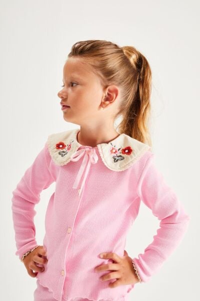 Yaka işlemeli kaşkorse takım pembe