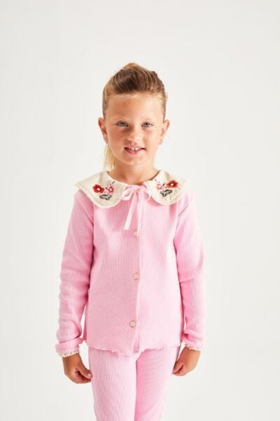 Yaka işlemeli kaşkorse takım pembe