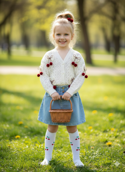 Kiraz aplikeli fiyonklu ceket&denim etek takım