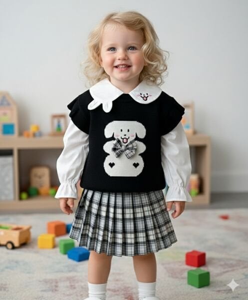 Tavşan yaka detaylı süveterli üçlü takım siyah