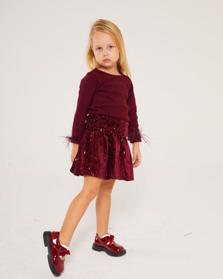 Payet etekli tüy detaylı takım bordo