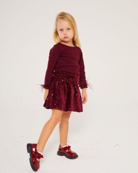 Payet etekli tüy detaylı takım bordo