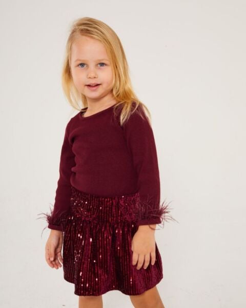 Payet etekli tüy detaylı takım bordo