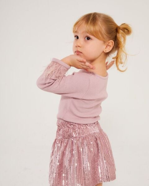 Payet etekli tüy detaylı takım pembe