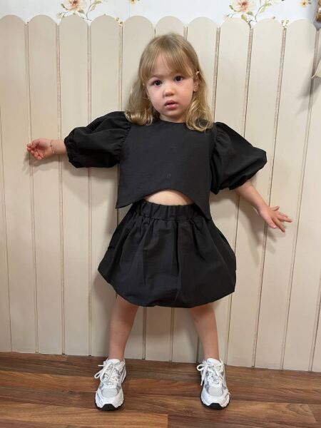 Poplin kumaş balon etek takim siyah