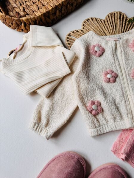 Papatya aplikeli üçlü set takım (etek/body/ceket)