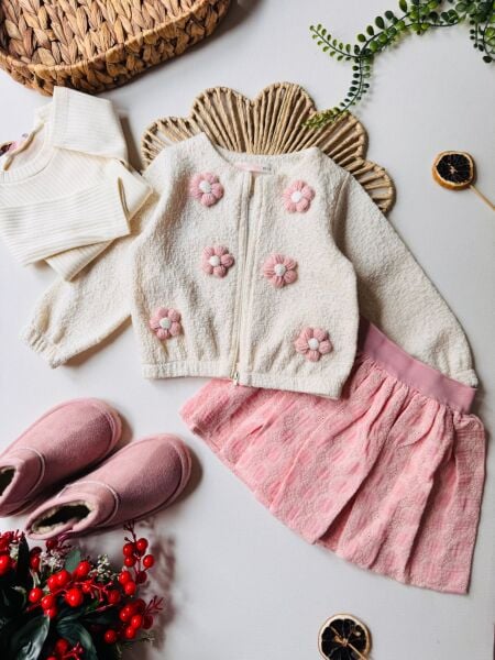 Papatya aplikeli üçlü set takım (etek/body/ceket)