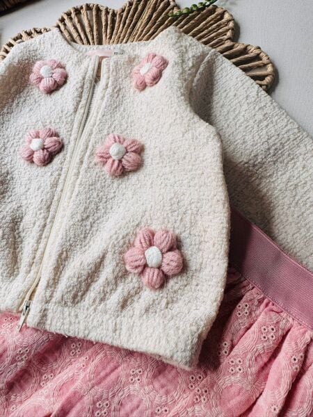 Papatya aplikeli üçlü set takım (etek/body/ceket)