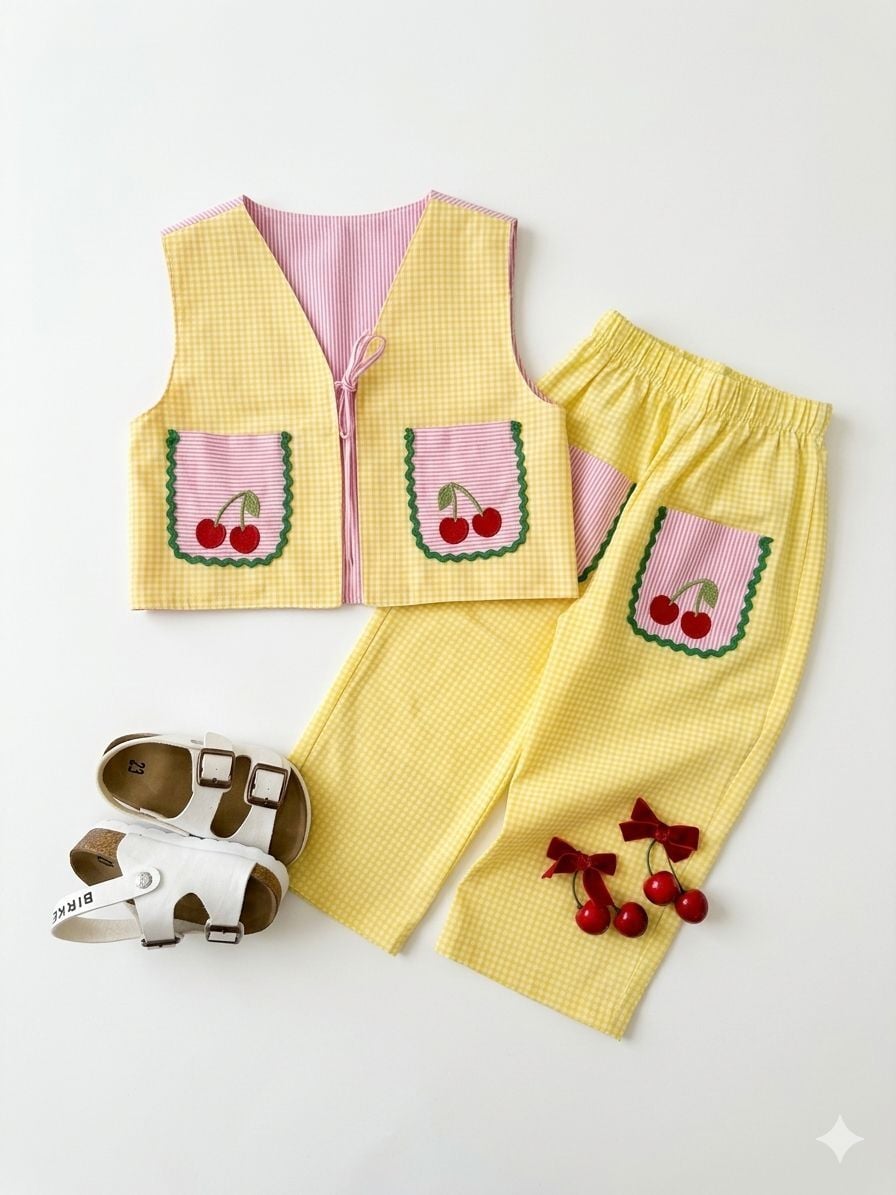 Kiraz detaylı pötikare yelekli takım !! 10 Mayıs Kargo!!!