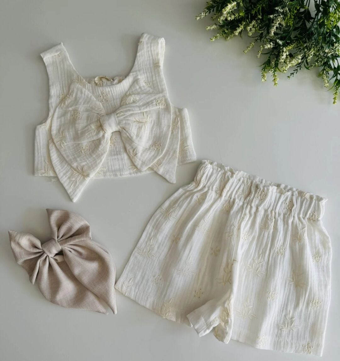 Müslin kumaş işlemeli takim ekru