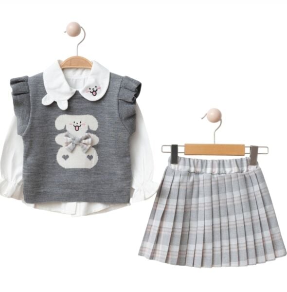 Tavşan yaka detaylı süveterli üçlü takım gri