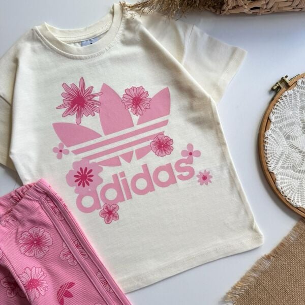 Çiçek baskılı taytlı takım pembe