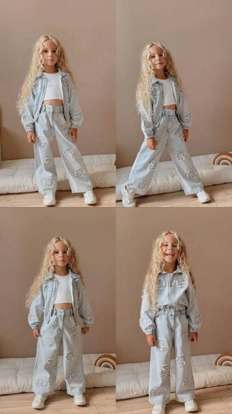 Çiçek nakışlı denim Jean takım (body dahil değildir)