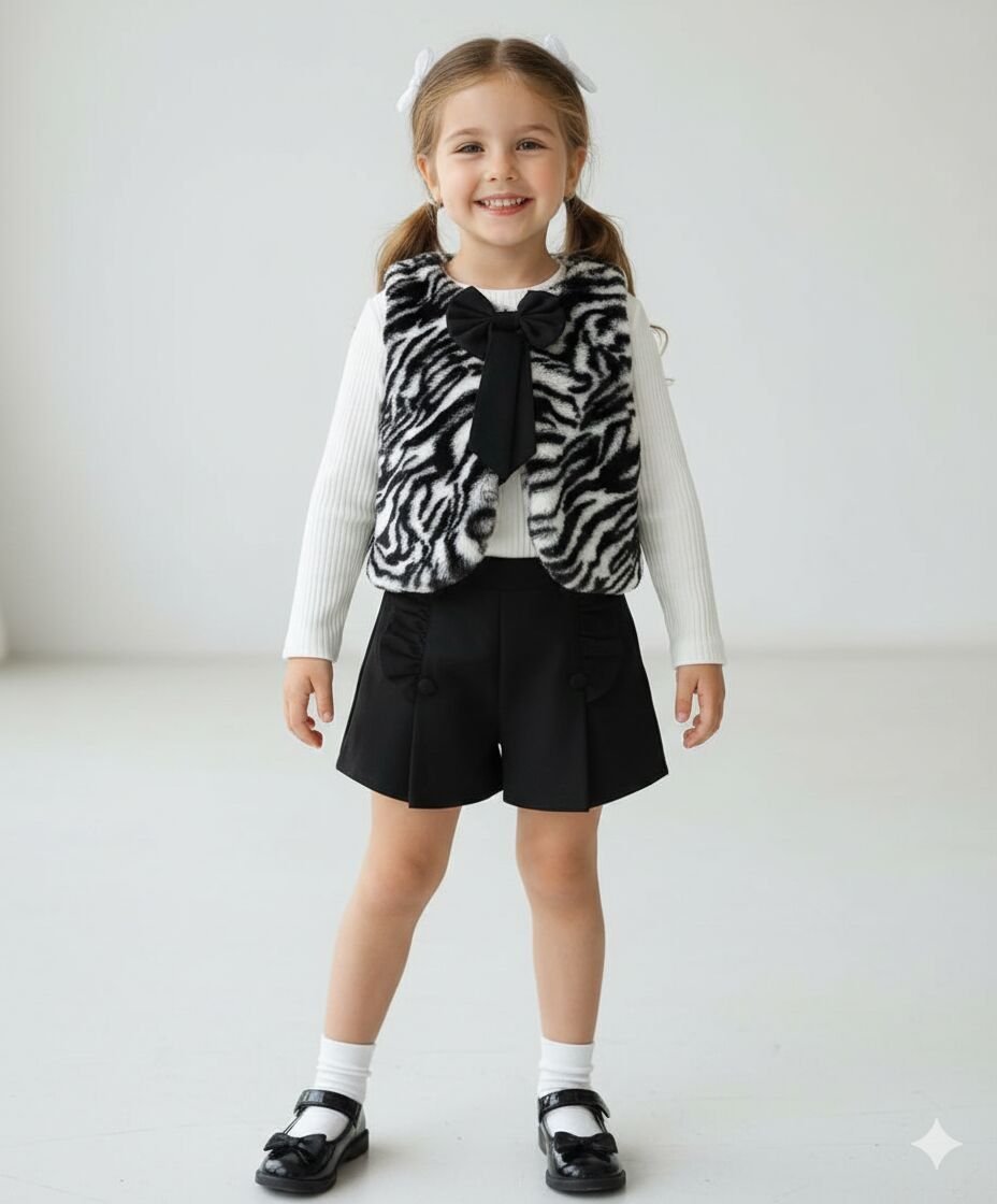 Leopar desenli peluş yelek üçlü set takım