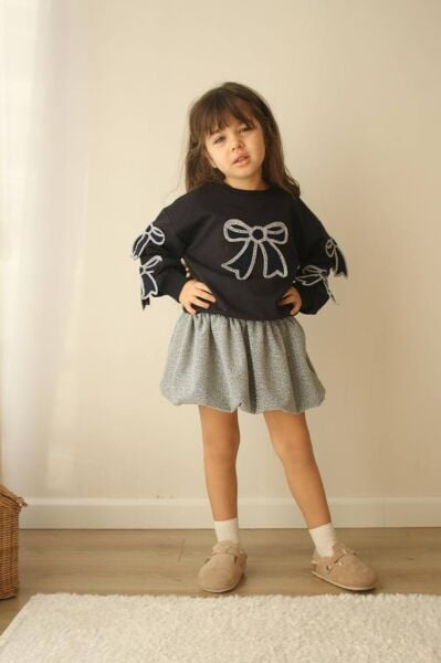 Fiyonklu balon etekli simli takım (renk lacivert)