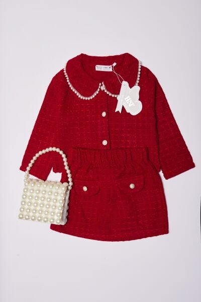 Tüvit inci yakalı kırmızı takim (çanta dahil)