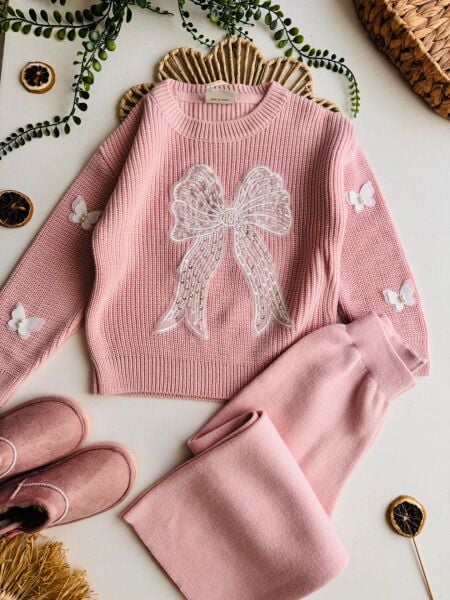 Kelebek aplikeli triko takım Pembe